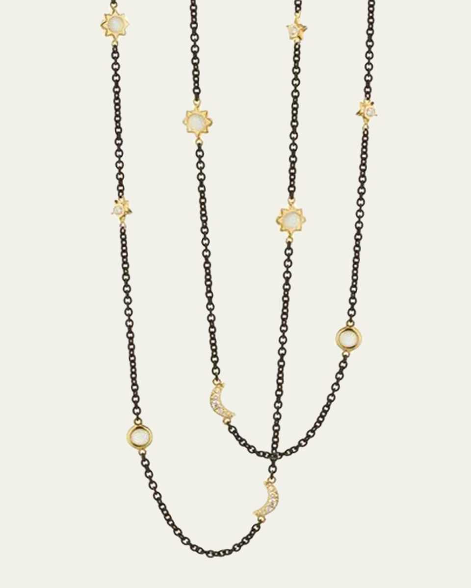 Sun, Moon and Stars Diamond and Moonstone Steel Chain Necklace, 47"L